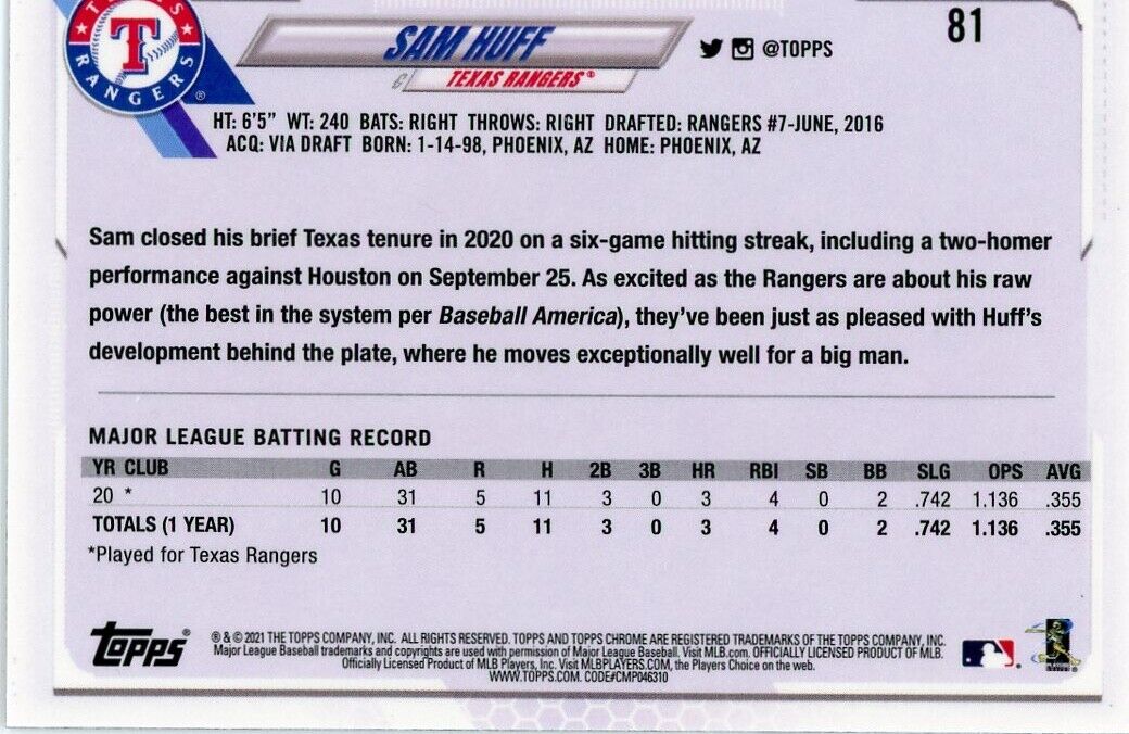 Baseball card featuring Sam Huff statistics for Texas Rangers Topps Chrome Rookie