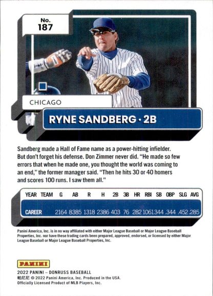 Baseball card of Ryne Sandberg Chicago Cubs in pinstripe uniform by Panini Donruss Ryne