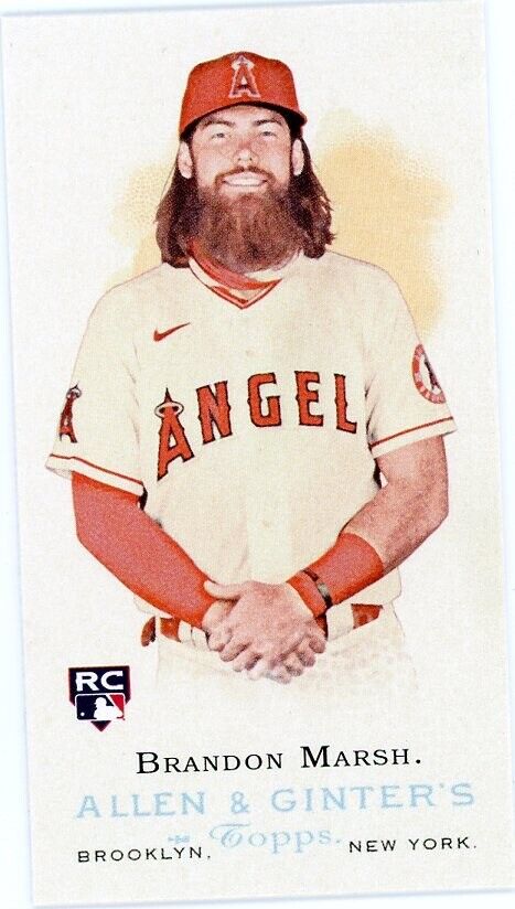 Brandon Marsh Mini Rookie in Angels uniform with red cap and full beard for 2022 Topps