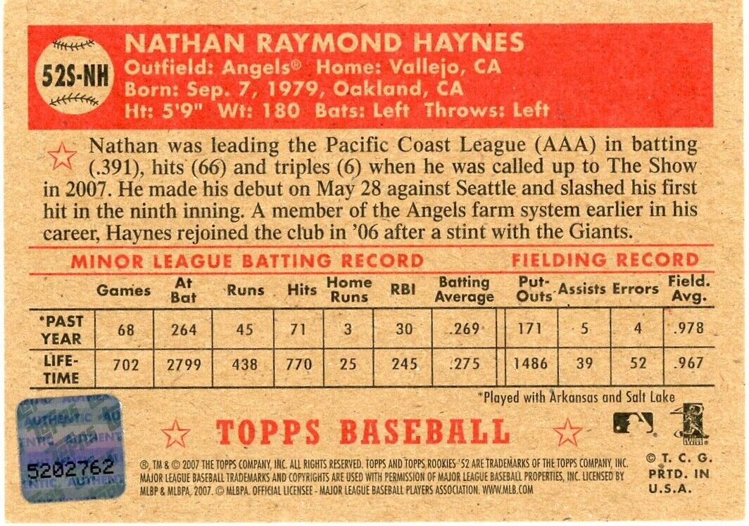 Vintage Topps baseball card featuring Nathan Haynes Autograph from Los Angeles Angels