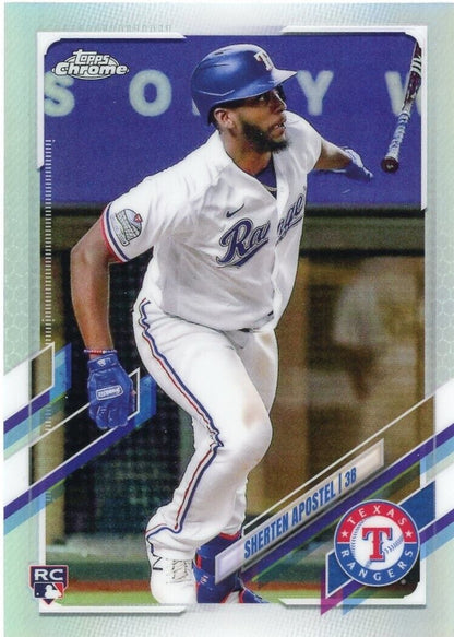 Baseball card of Sherten Apostel in white Texas Rangers uniform from Topps Chrome rookie collection