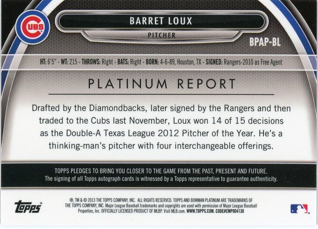 Baseball card featuring Barret Loux autograph and Cubs pitcher statistics from Bowman Platinum