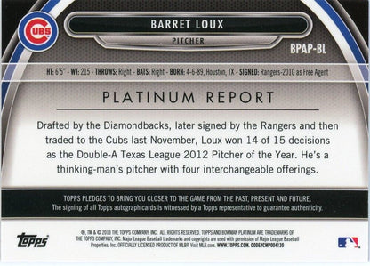 Baseball card featuring Barret Loux autograph and Cubs pitcher statistics from Bowman Platinum