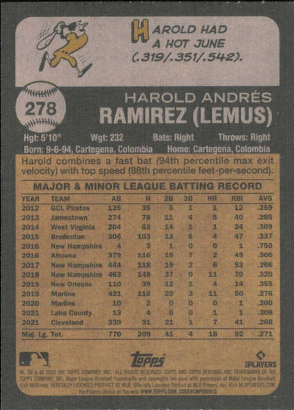 Baseball card featuring Topps Heritage Harold Ramirez with stats and cartoon rabbit graphic