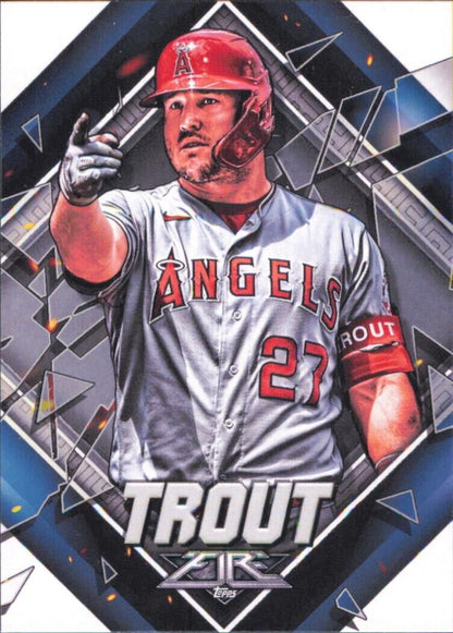 Baseball trading card of Mike Trout in gray Los Angeles Angels uniform #27