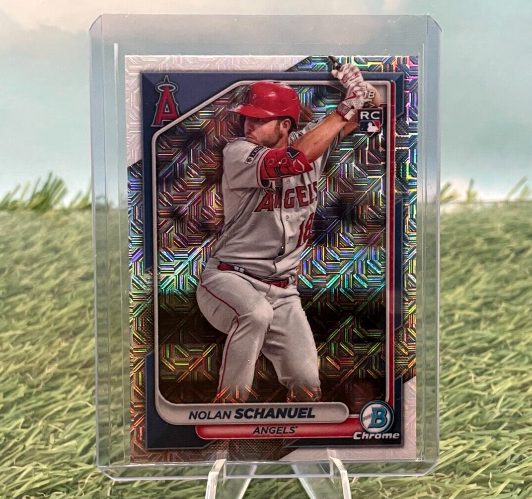 Nolan Schanuel 2024 Bowman Chrome Mojo Refractor baseball card featuring Angels pitcher