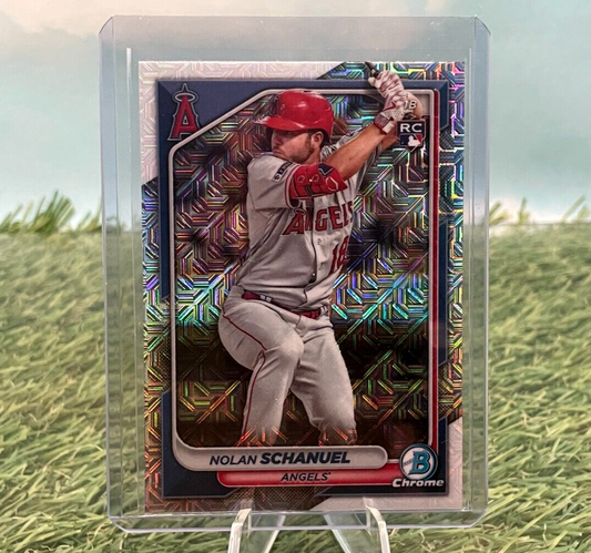 Nolan Schanuel 2024 Bowman Chrome Mojo Refractor baseball card featuring Angels pitcher