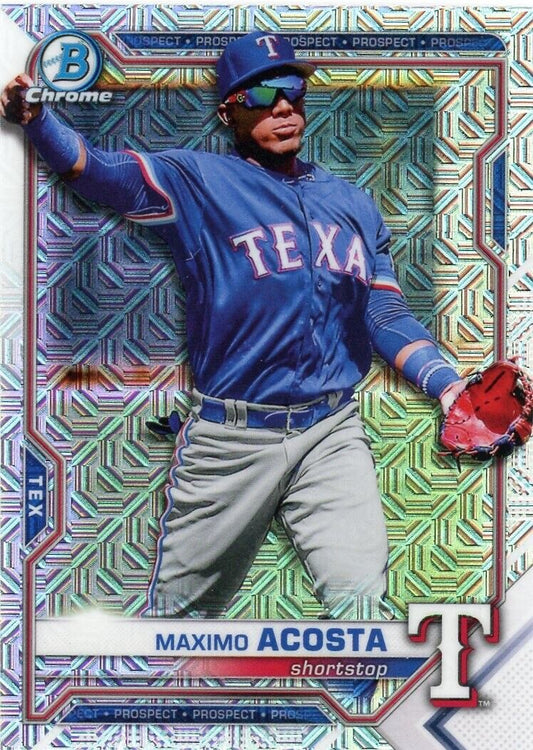 Texas Rangers player in blue jersey fielding, 2021 Bowman Chrome Prospects Maximo Acosta