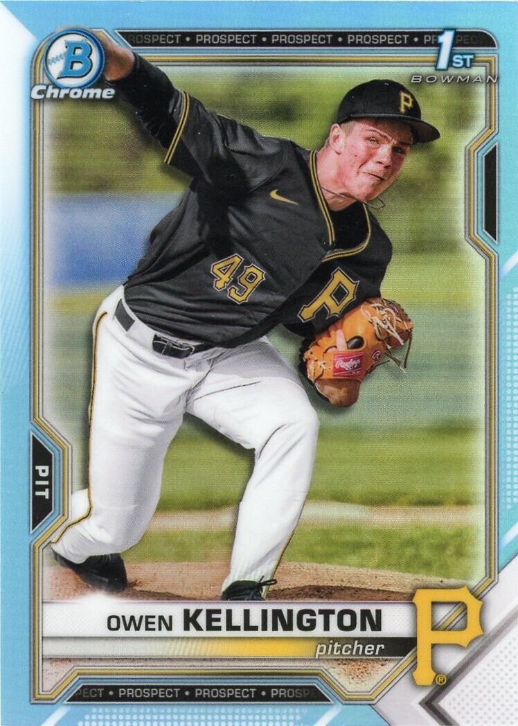 Baseball card of Pirates pitcher Owen Kellington in black uniform from Bowman Chrome Draft