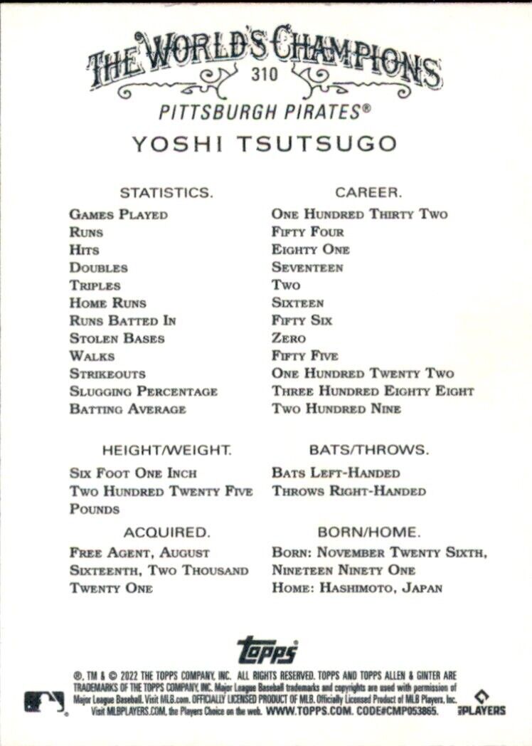 Baseball card of Yoshi Tsutsugo’s stats with Pittsburgh Pirates from Ginter short print