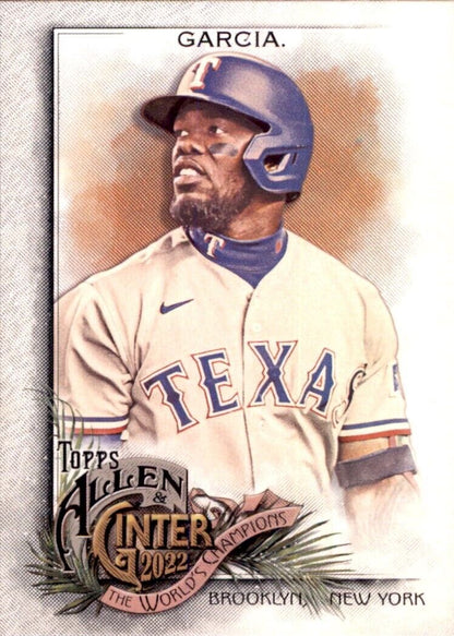 Baseball card of Ginter Adolis Garcia in Texas Rangers home jersey and blue helmet