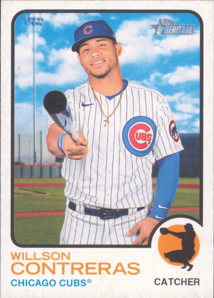 2022 Topps Heritage Willson Contreras Chicago Cubs catcher with microphone in pinstripes