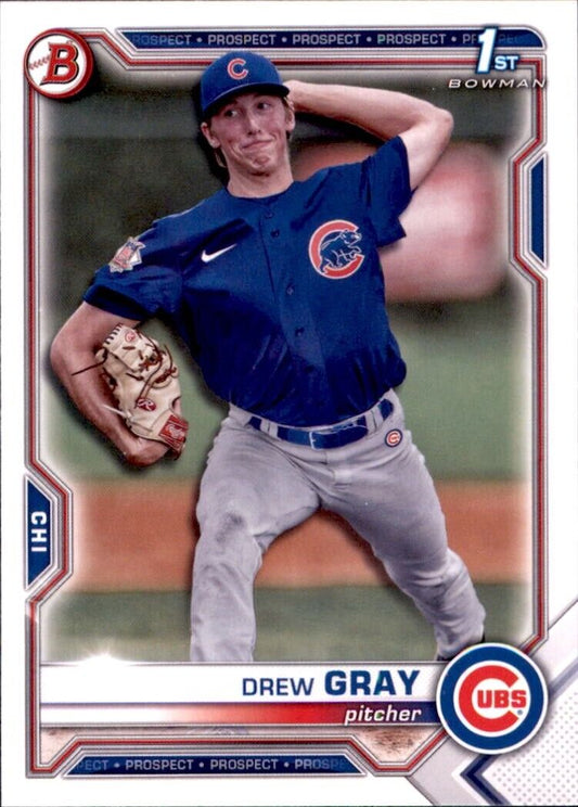 Baseball card of Drew Gray in a throwing motion, featuring 2021 Bowman Draft design