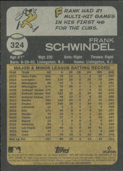 Baseball card featuring Heritage Frank Schwindel’s minor league stats for Chicago Cubs