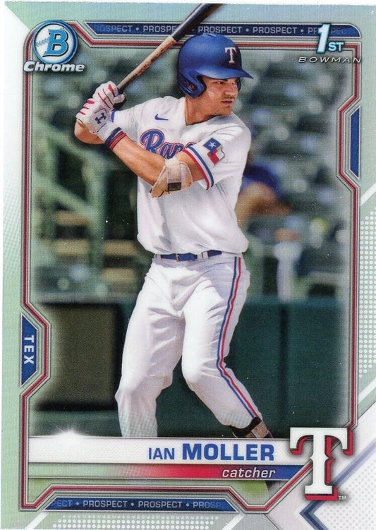 Baseball card of Bowman Chrome Ian Moller in Texas Rangers uniform at bat