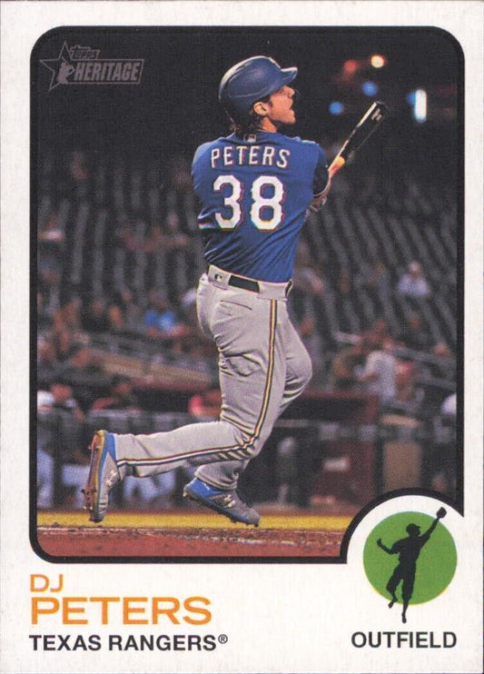 Baseball card of Heritage DJ Peters batting for Texas Rangers MLB in blue uniform