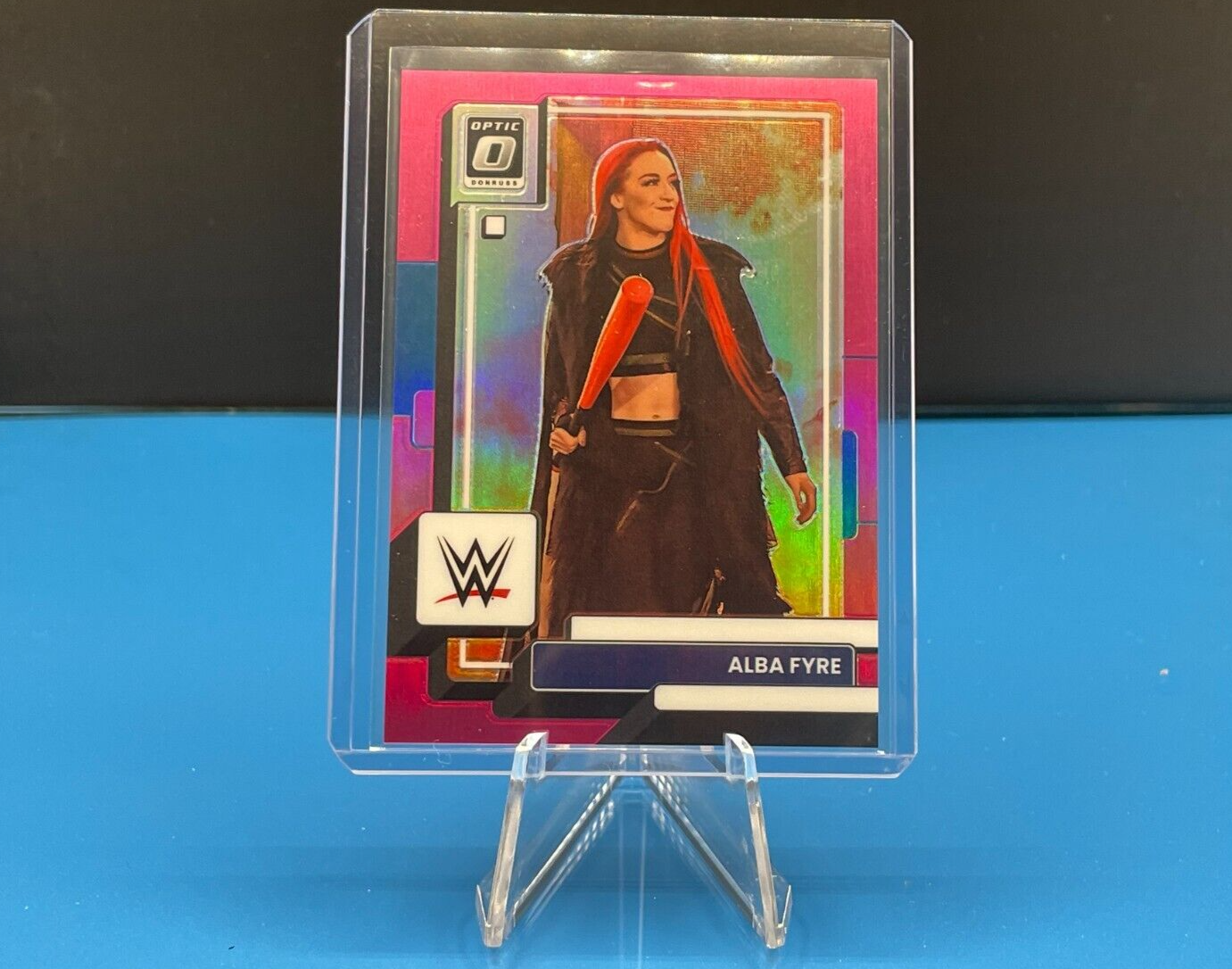 WWE 2023 Panini Chronicles Alba Fyre Donruss Optic Pink trading card in protective case