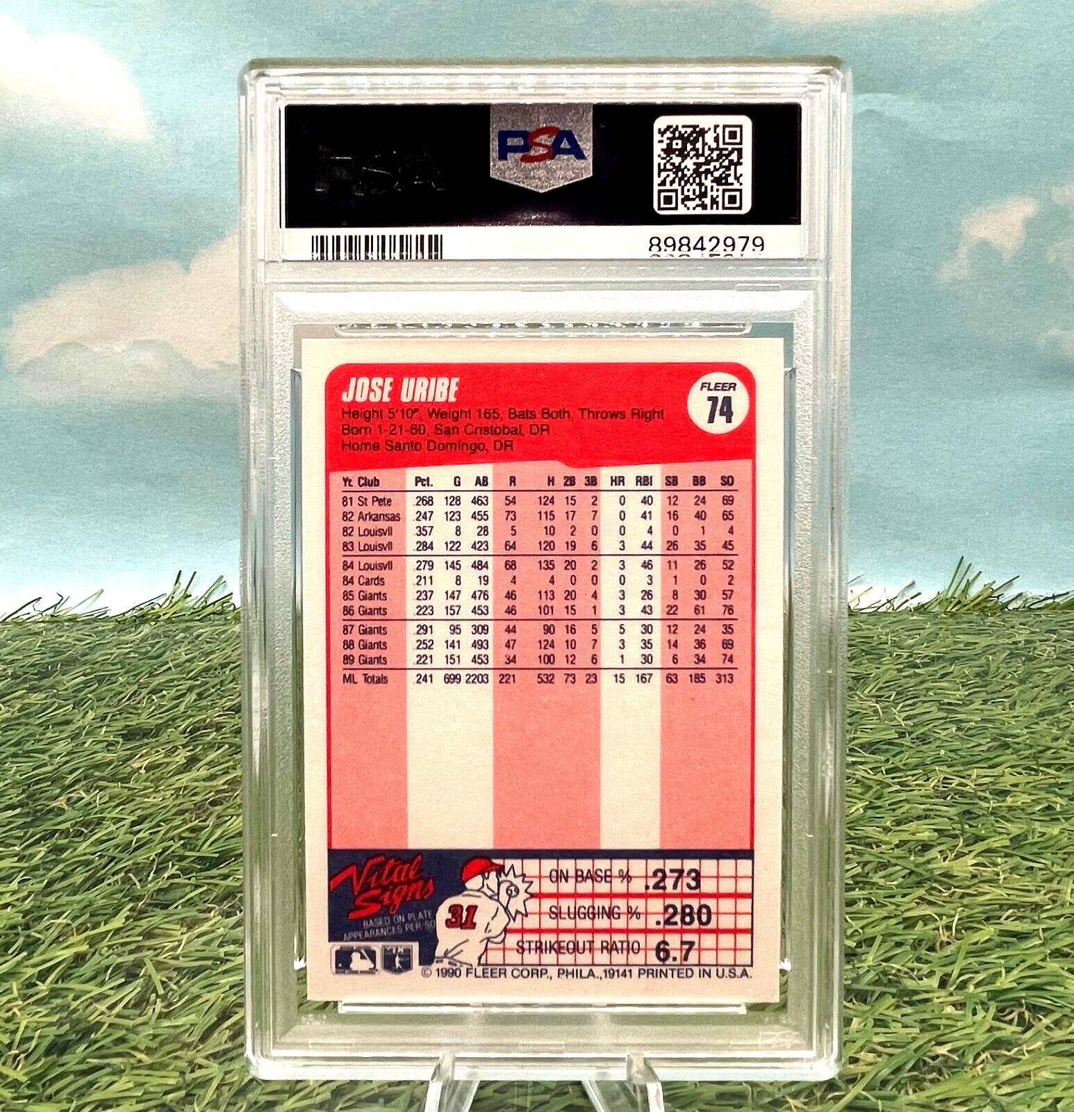 Rare PSA 9 Mint 1990 Fleer Jose Uribe baseball card with red and white design statistics