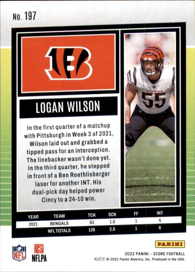 Football trading card of Logan Wilson in Bengals uniform from Panini Score