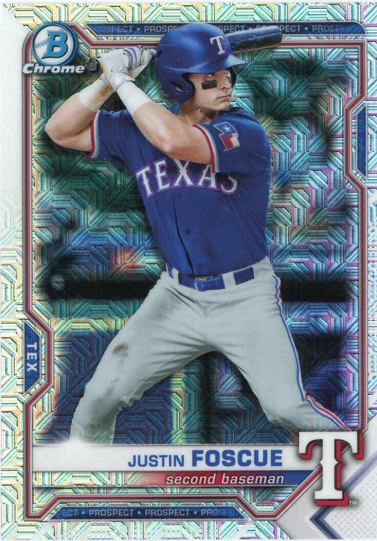 Bowman Chrome Prospects Justin Foscue Texas Rangers player in batting stance card