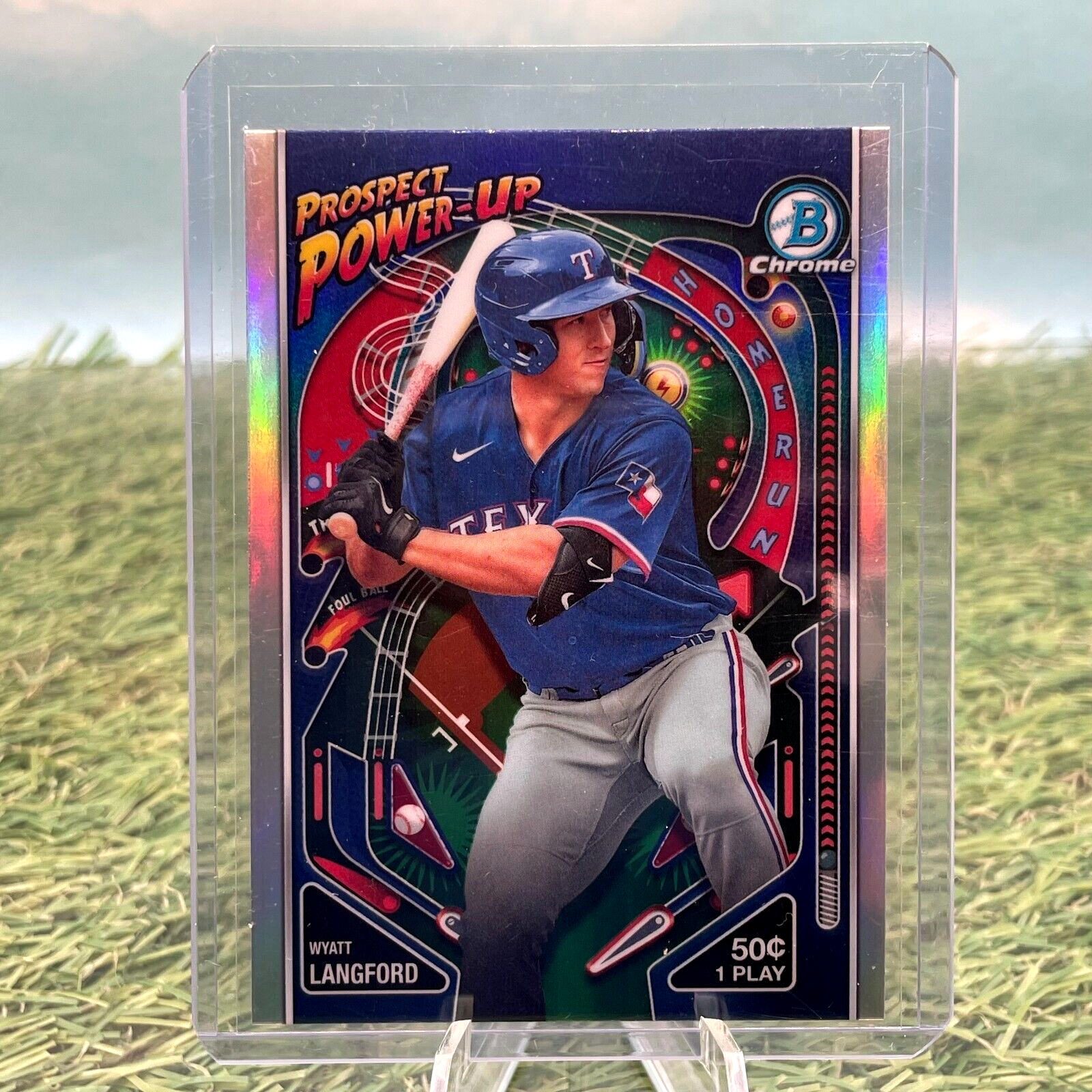 Wyatt Langford 2024 Bowman Prospect Power-Up Chrome Refractor trading card displayed