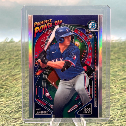 Wyatt Langford 2024 Bowman Prospect Power-Up Chrome Refractor trading card displayed