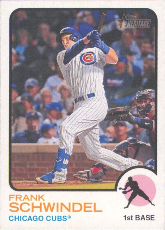 Baseball card of Topps Heritage Frank Schwindel in Chicago Cubs pinstripe uniform