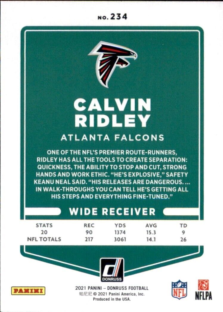 NFL trading card featuring Atlanta Falcons logo and Donruss Calvin Ridley on green background