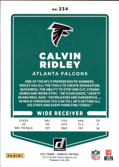 NFL trading card featuring Atlanta Falcons logo and Donruss Calvin Ridley on green background