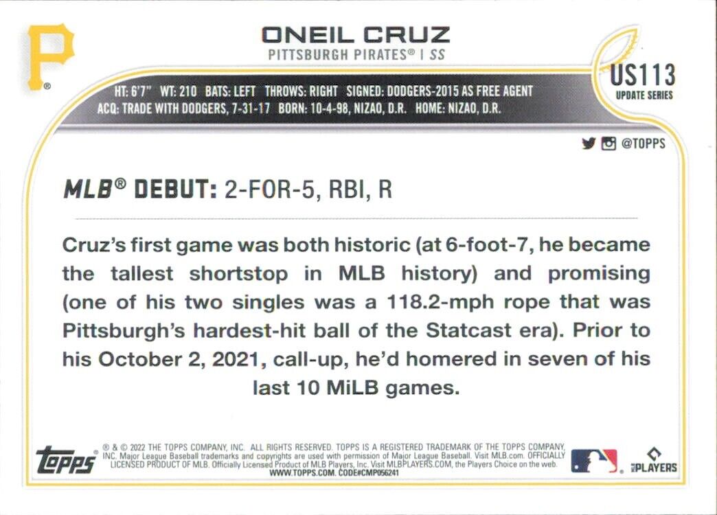 Oneil Cruz Rookie 2022 Topps Update Baseball Card showcasing MLB debut stats and achievements