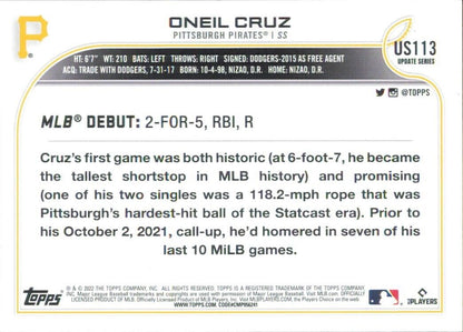 Oneil Cruz Rookie 2022 Topps Update Baseball Card showcasing MLB debut stats and achievements