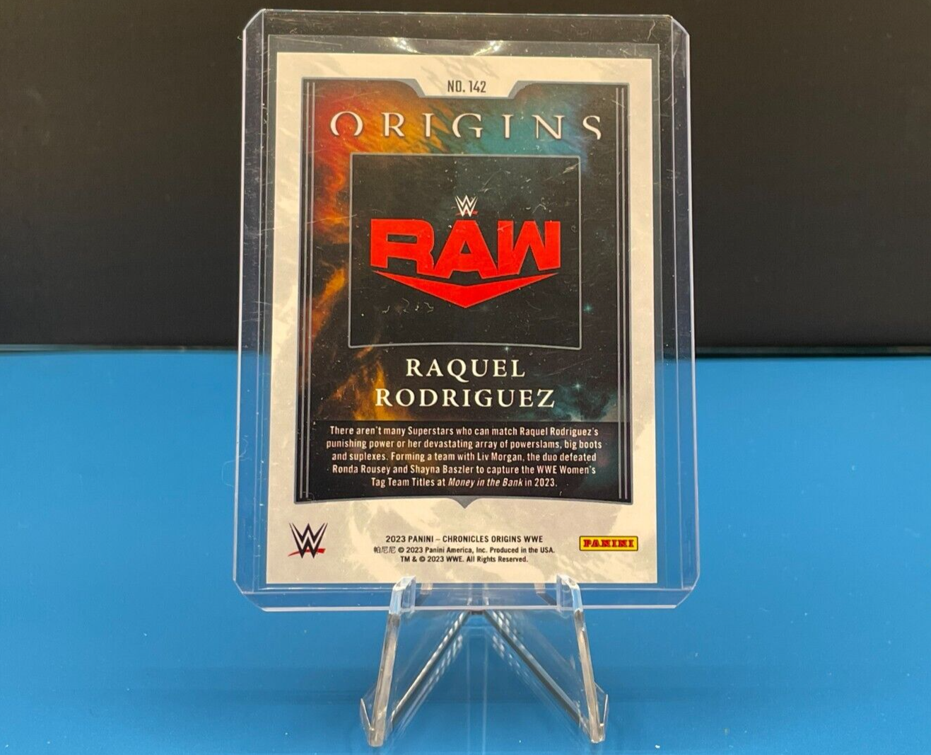 WWE Origins trading card of Raquel Rodriguez in protective case from Panini Chronicles