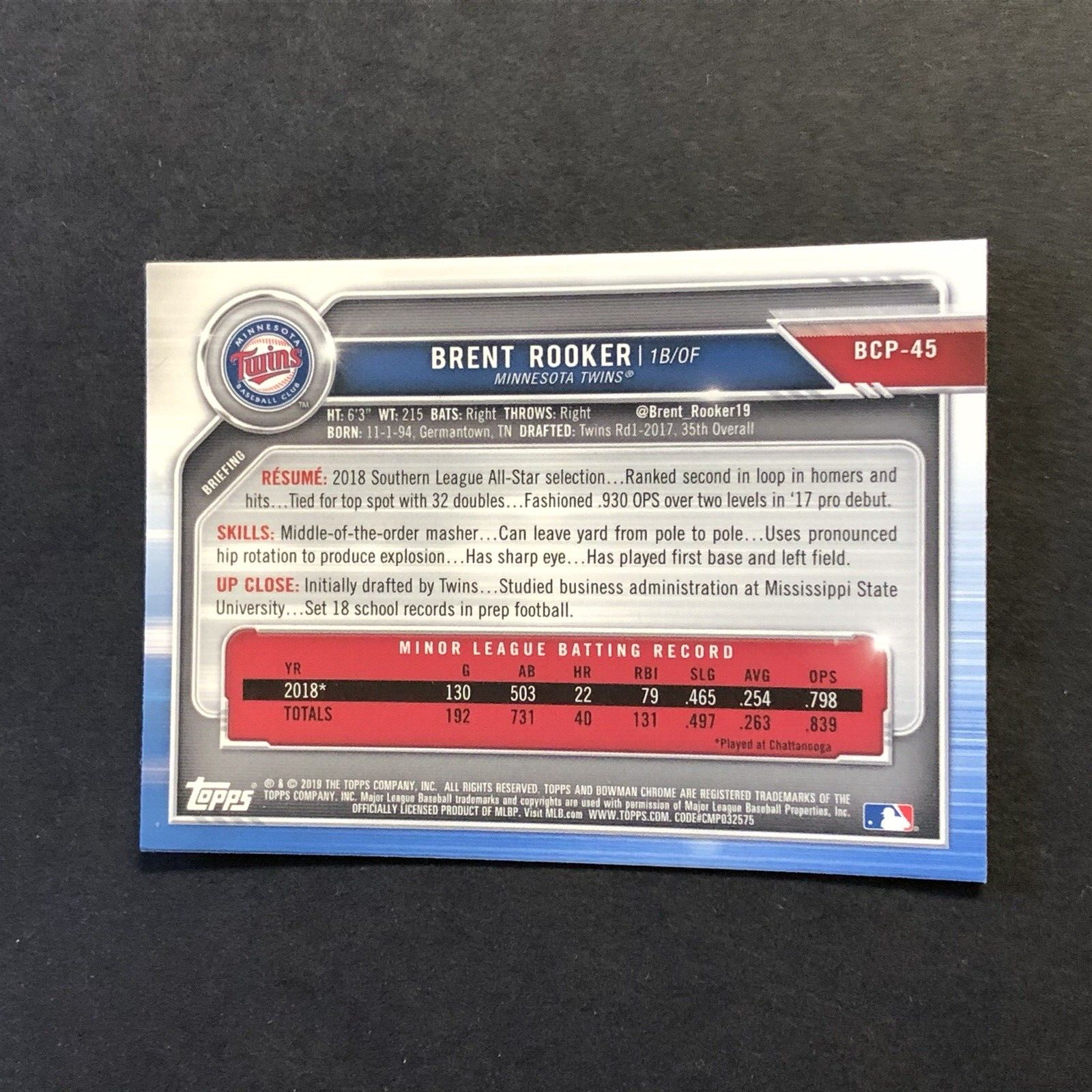 Back view of 2019 Bowman Chrome Prospects Brent Rooker baseball card statistics