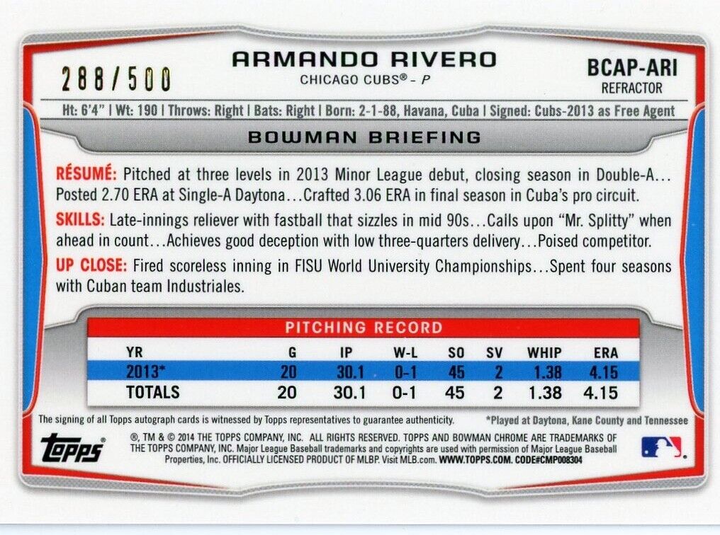 Baseball trading card featuring Bowman Chrome Armando Rivero statistics and autograph