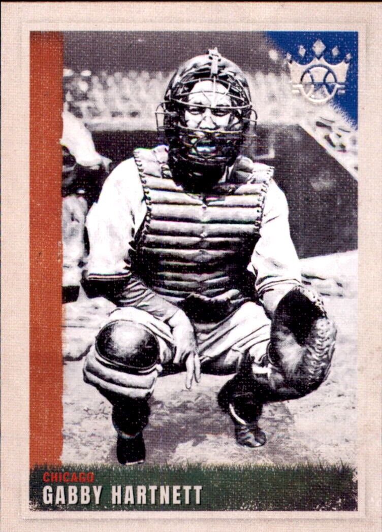 Baseball catcher in gear with mitt for Panini Diamond Kings Gabby Hartnett card