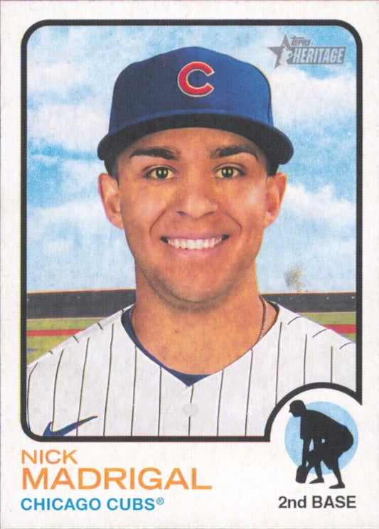 Baseball card of Nick Madrigal Chicago Cubs in blue cap and pinstriped uniform