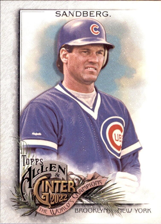 Baseball card of Ginter Ryne Sandberg in a navy blue Chicago Cubs uniform