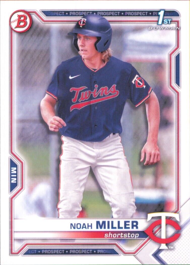 Baseball card of Noah Miller 1st Bowman featuring Minnesota Twins in navy jersey