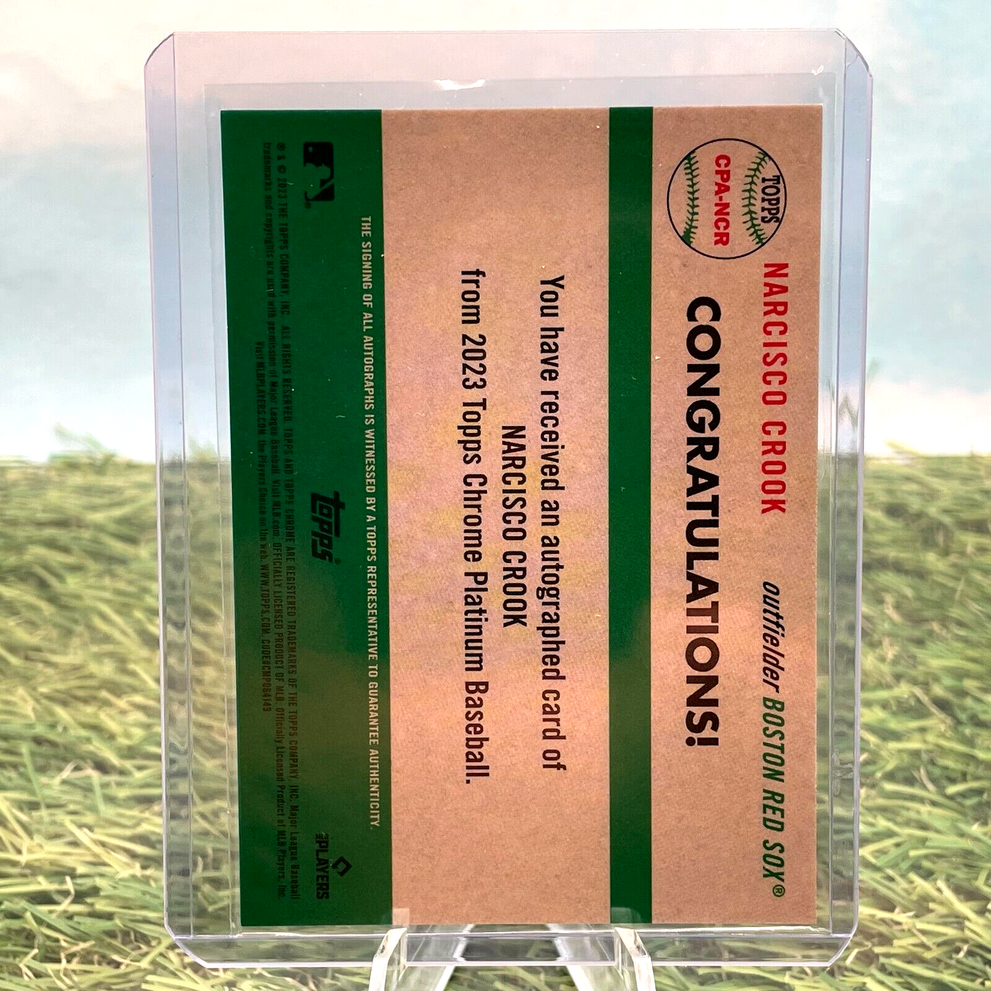 Clear plastic card holder with congratulatory message for Narcisco Crook Topps Chrome Platinum