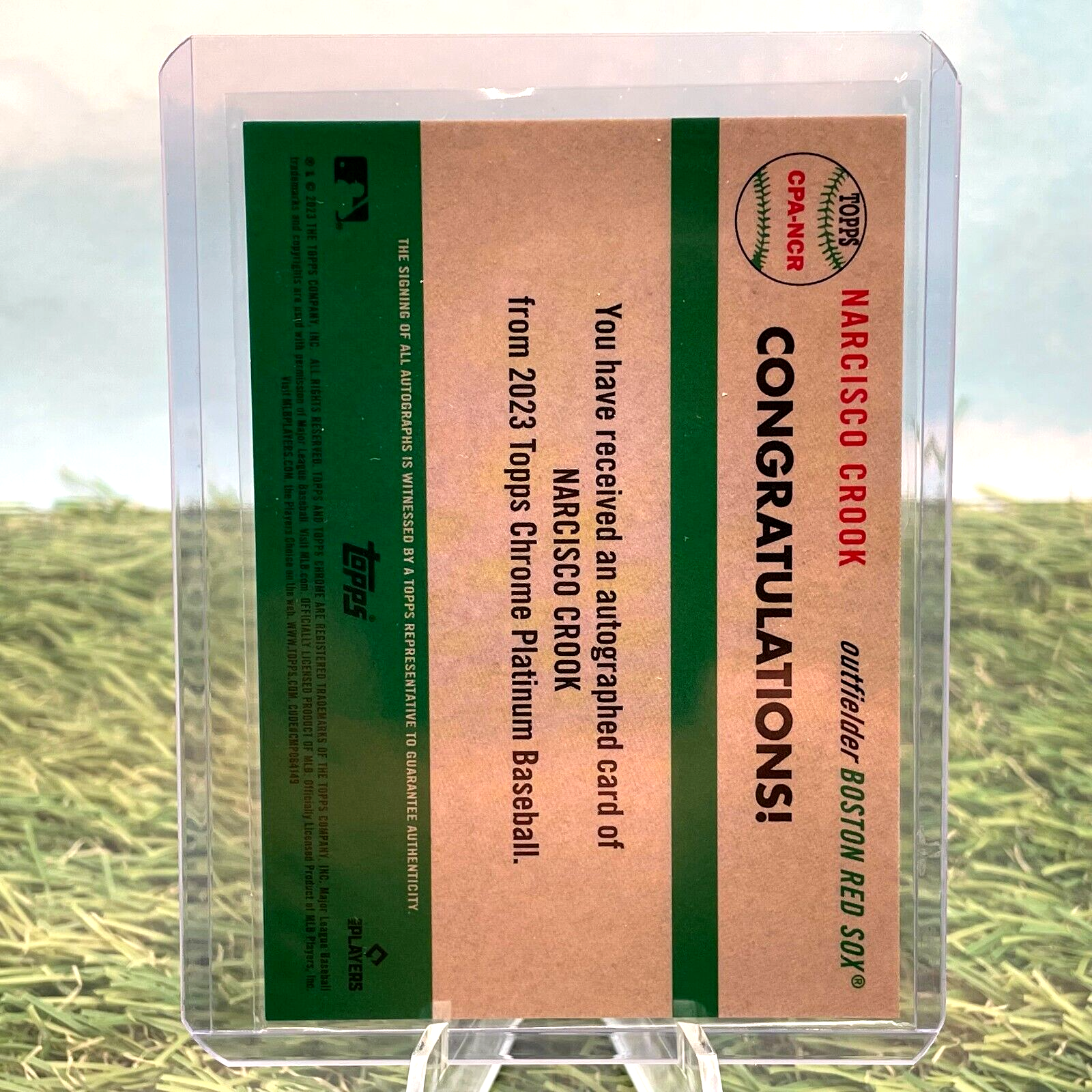 Clear plastic card holder with congratulatory message for Narcisco Crook Topps Chrome Platinum