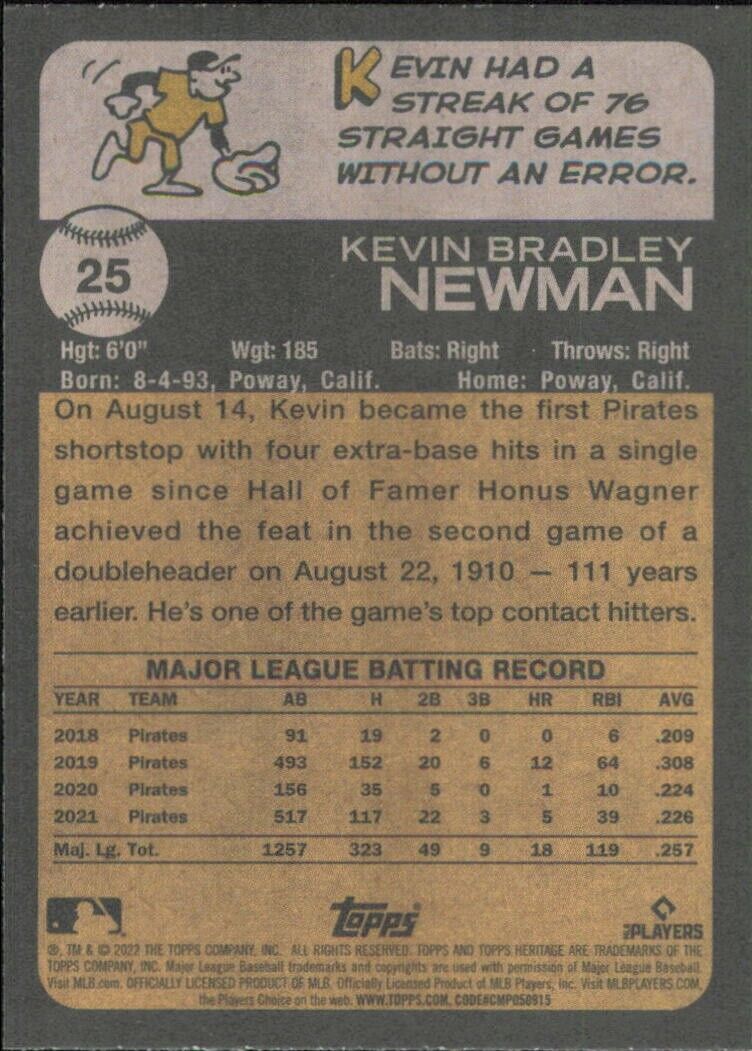 Topps Heritage Kevin Newman Baseball card showcasing Pittsburgh Pirates player stats and bio