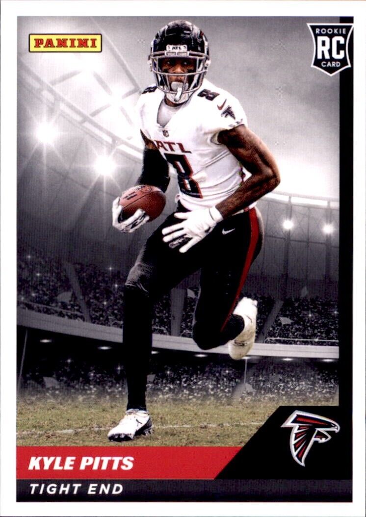 Kyle Pitts Rookie card showing Falcons tight end in white jersey with football