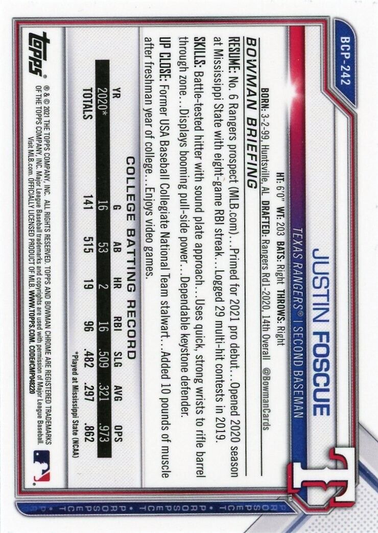 Back of 2021 Bowman Chrome Prospects Justin Foscue card showing player statistics and info