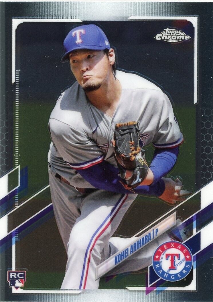 Baseball card of Kohei Arihara rookie in mid-throw wearing gray Texas Rangers uniform