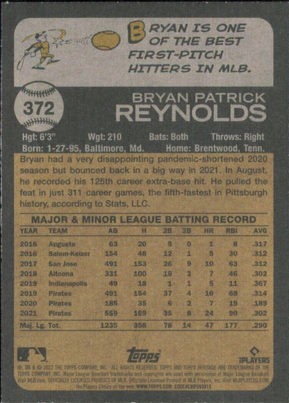 Baseball card featuring Topps Heritage Bryan Reynolds Pittsburgh statistics and career info