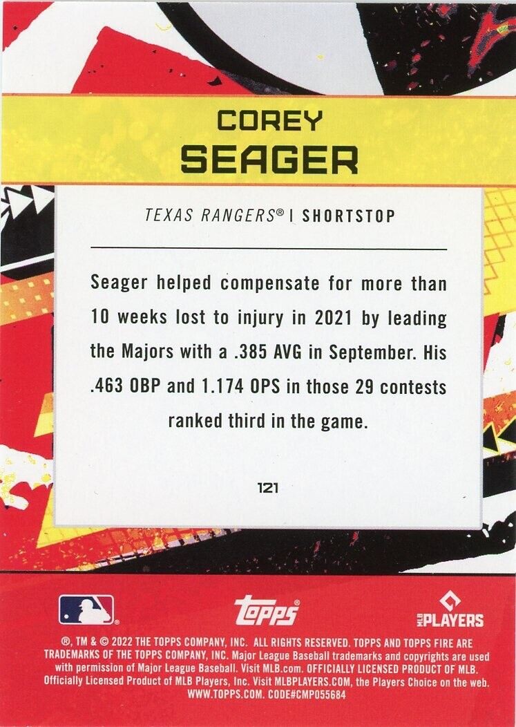 Baseball card of Corey Seager Flame, Texas Rangers MLB with 2021 season statistics