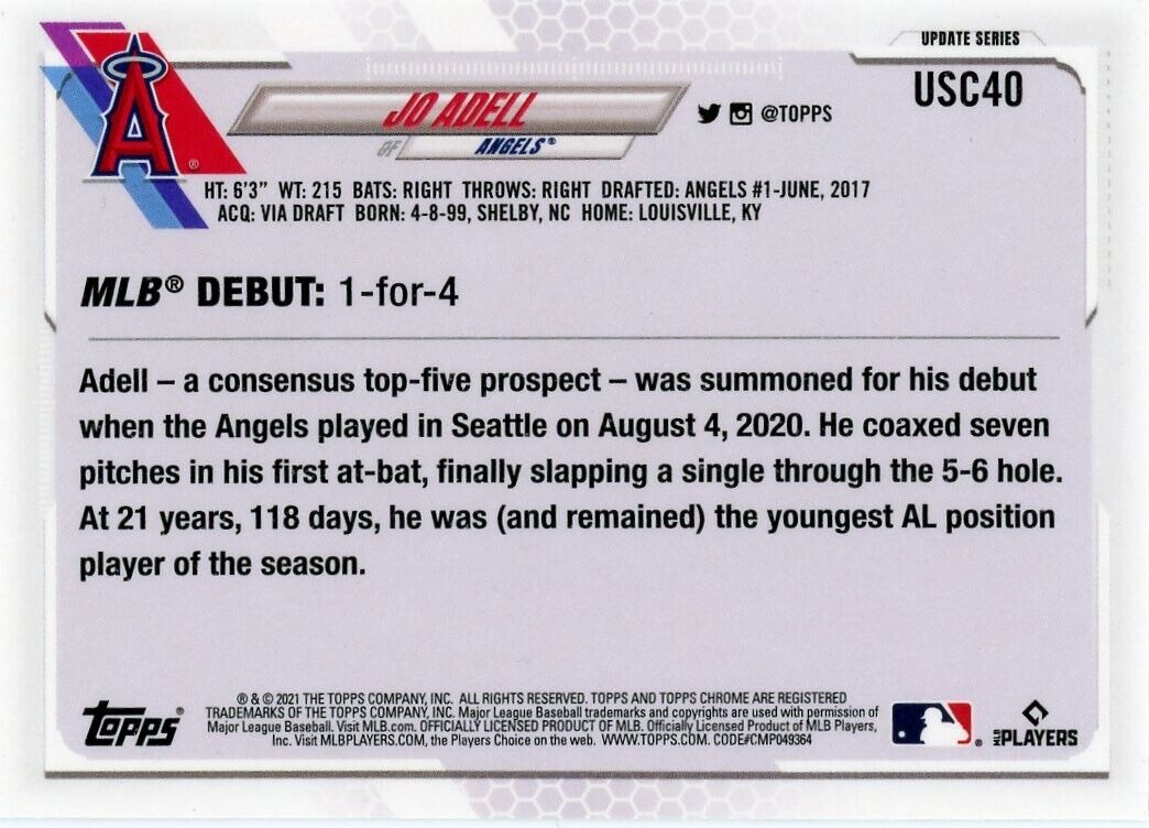 Topps Chrome Update Jo Adell Rookie card showcasing MLB debut stats for Angels player