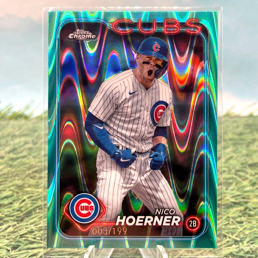 Chicago Cubs Topps Chrome trading card with teal Aqua RayWave design featuring Nico Hoerner