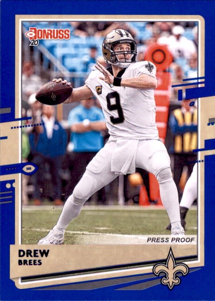 Football trading card of Donruss Drew Brees in white uniform for New Orleans Saints