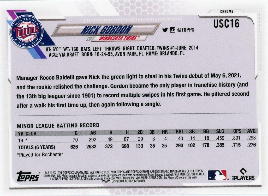 Baseball trading card featuring Topps Chrome Update Nick Gordon statistics and biography